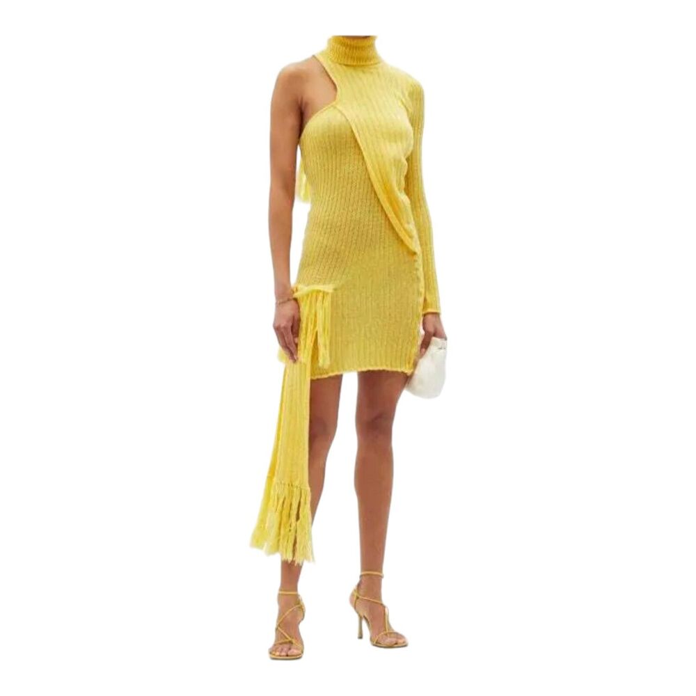 Thebe Magugu Roll Neck One Shoulder Wool Knit Yellow Dress Women's Medium $895